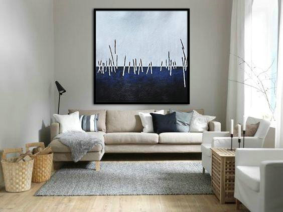 Large Contemporary Art Acrylic Painting,Oversized Abstract Landscape Painting,Artwork For Sale,White,Dark Blue,Black.etc